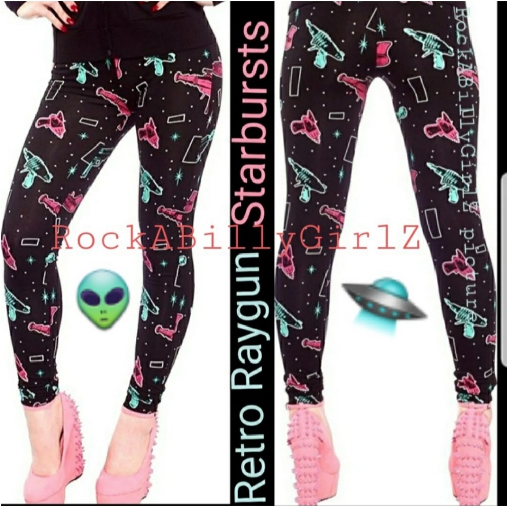 Sourpuss Retro Atomic Ray Gun Leggings Pink & Blue Rayguns Starbursts Pattern